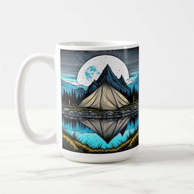 Reflection of a Tent on the Lake in the Mountains Coffee Mug (Left)