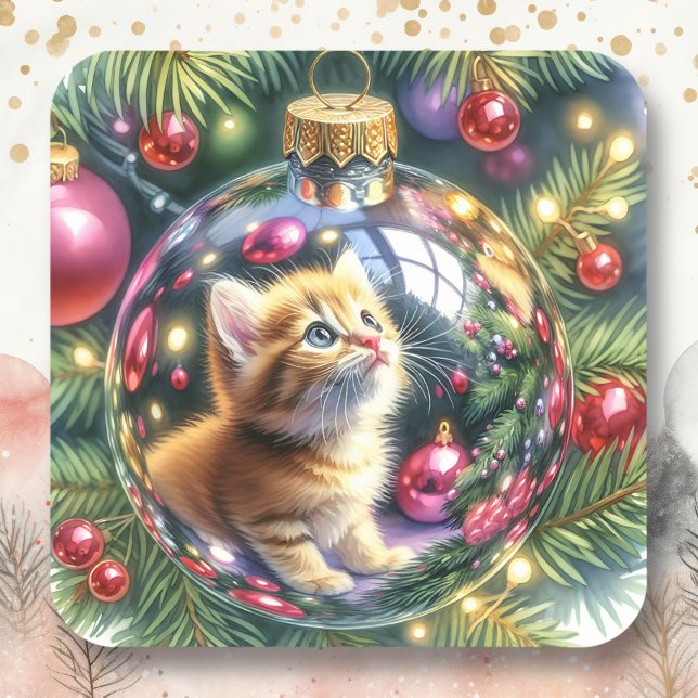 Reflection of Kitten in a Christmas Ornament   Square Sticker (Creator Uploaded)