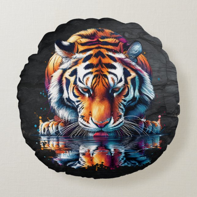 Reflection of Tiger Drinking Water  Round Pillow (Front)