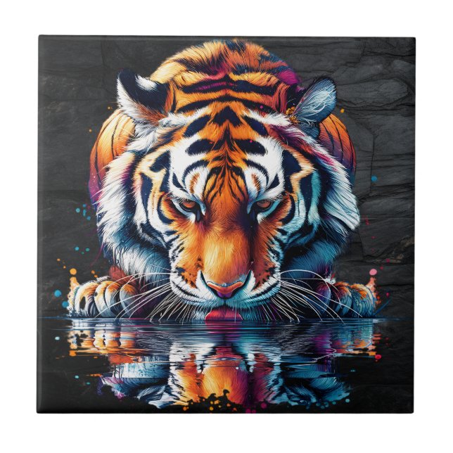 Reflection of Tiger Drinking Water  Tile (Front)