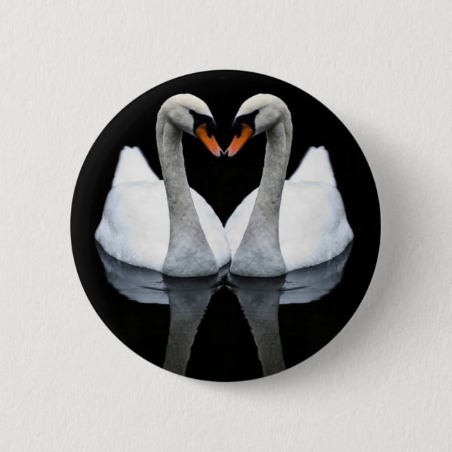 Reflections of Love, Heart Shape, White Swans 2 Inch Round Button (Front)