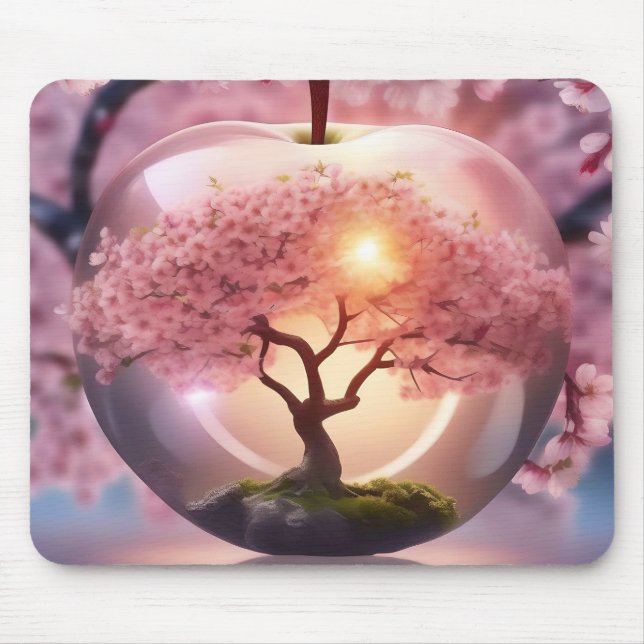 "Reflective Beauty: Glass Apple With Blossom Tree Mouse Pad (Front)