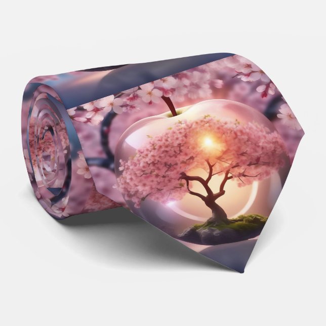 "Reflective Beauty: Glass Apple With Blossom Tree Tie (Rolled)
