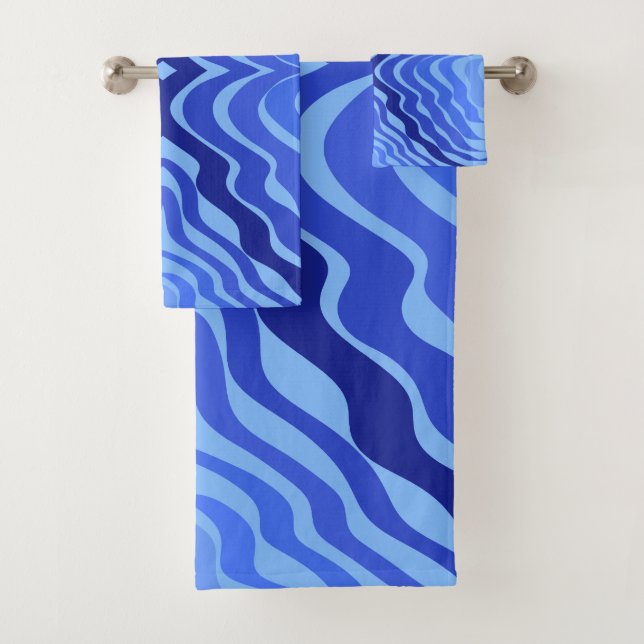 Reflective Blue Waves Modern Abstract Design Art Bath Towel Set (Insitu)