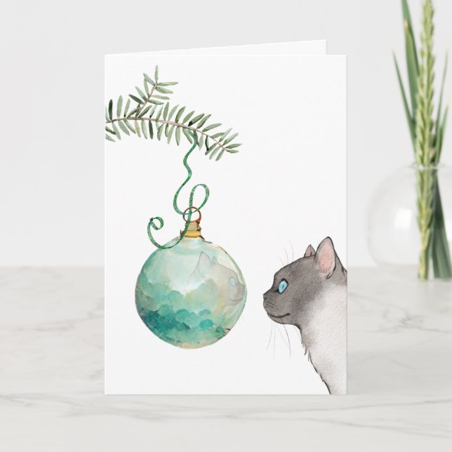 Réflexion de chat dans une carte de Noël ornementa (Devant)