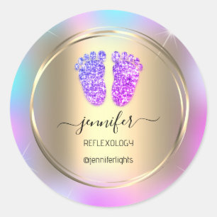 Reflexology Baby Feet Gold Holograph Gold Purple Classic Round Sticker