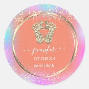 Reflexology Heart Feet Holograph Gold Frame Orange Classic Round Sticker