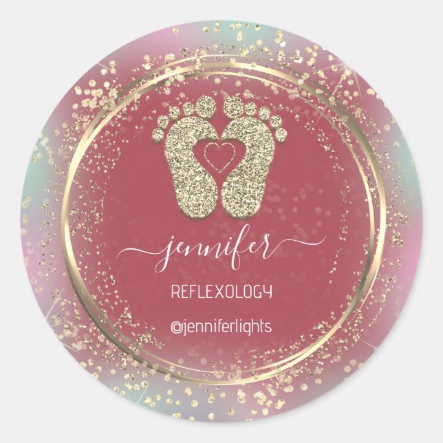 Reflexology Heart Feet Holograph Gold Glitter Classic Round Sticker (Front)