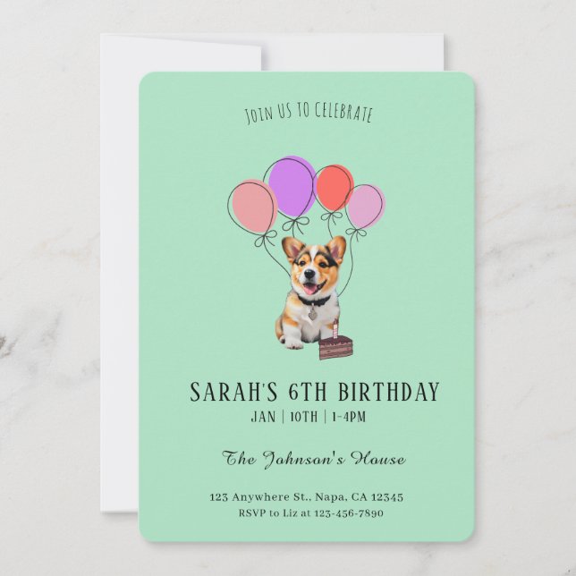 Refreshing Soft Mint Corgi Birthday Customizable  Invitation (Front)