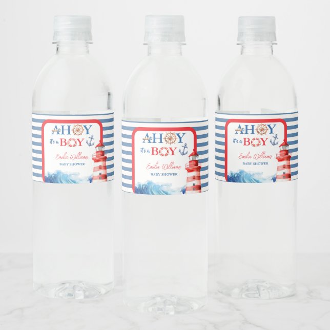 Refreshing Striped Blue Red Nautical Ahoy Boy Water Bottle Label (Bottles)