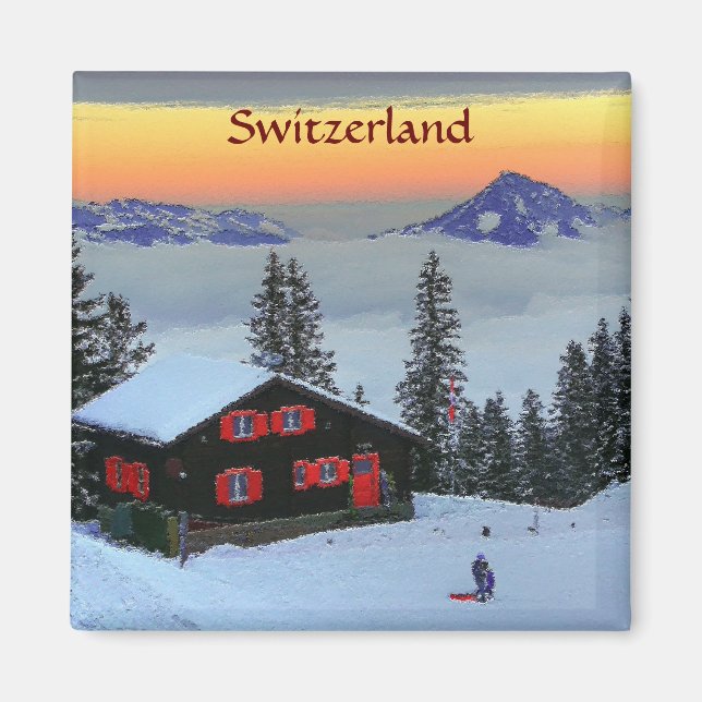Réfrigérateur Aimant Neige Suisse au coucher du so (Devant)