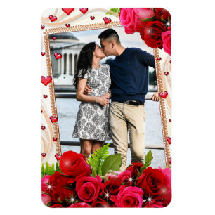 Refrigerator Magnet Couple Photo Red Hearts Roses