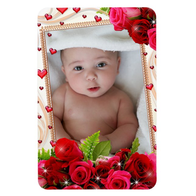 Refrigerator Magnet Your Photo Red Hearts Roses (Vertical)