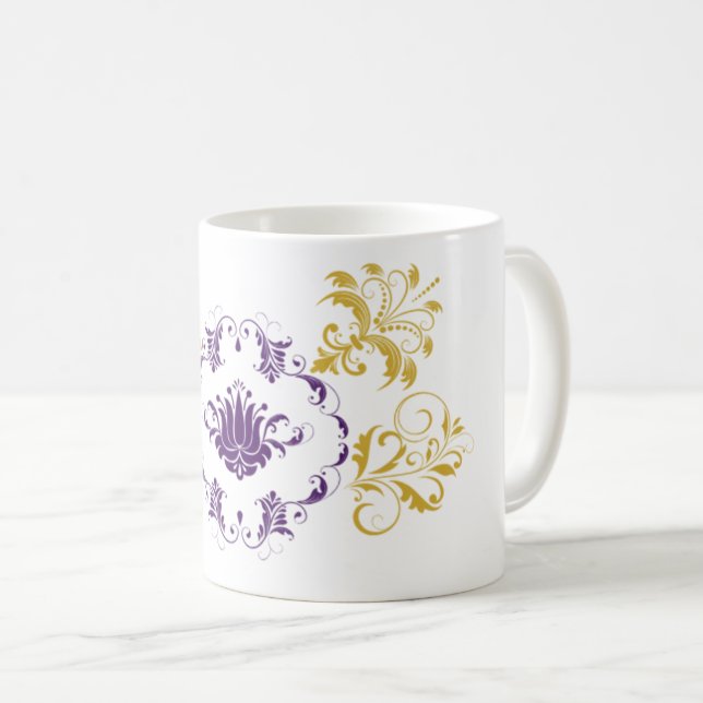 Regal Arabesque – Mug Design with Gold & Purple (Front Right)