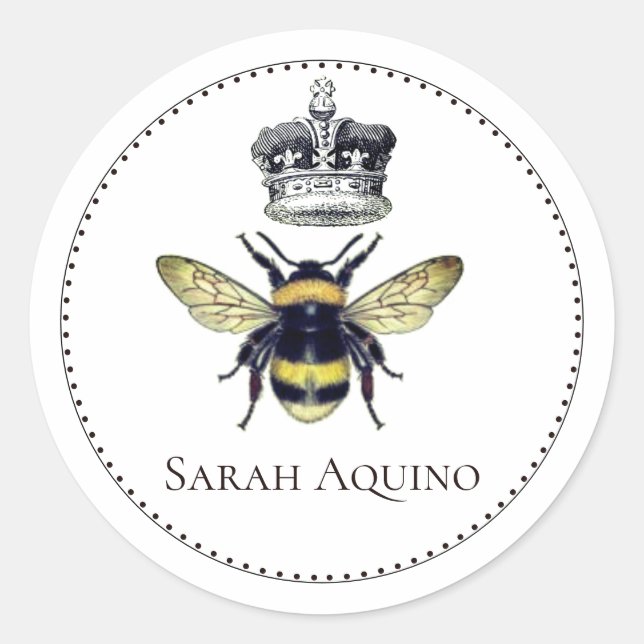 Regal Bee And Crown Custom Name Bookplate Classic Round Sticker (Front)