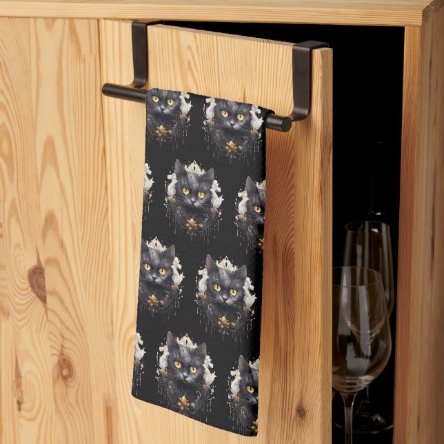Regal Black Cat Rhinestones Pattern Halloween Kitchen Towel (Thirds Fold)