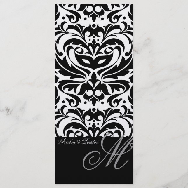 Regal Black & White Monogram Damask Wedding Menu (Front)