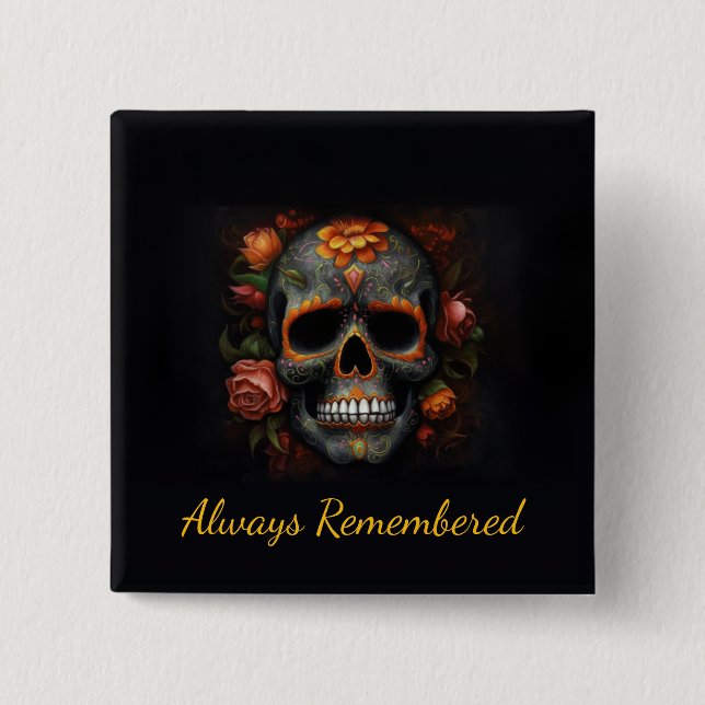 Regal Bloom Sugar Skull, custom 2 Inch Square Button (Front)