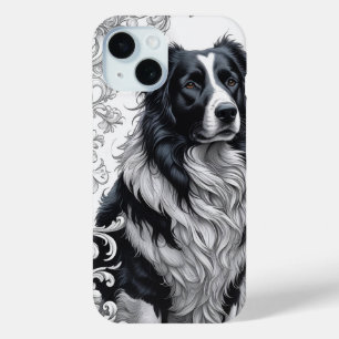 Regal Border Collie with Baroque Floral Frame iPhone 15 Case