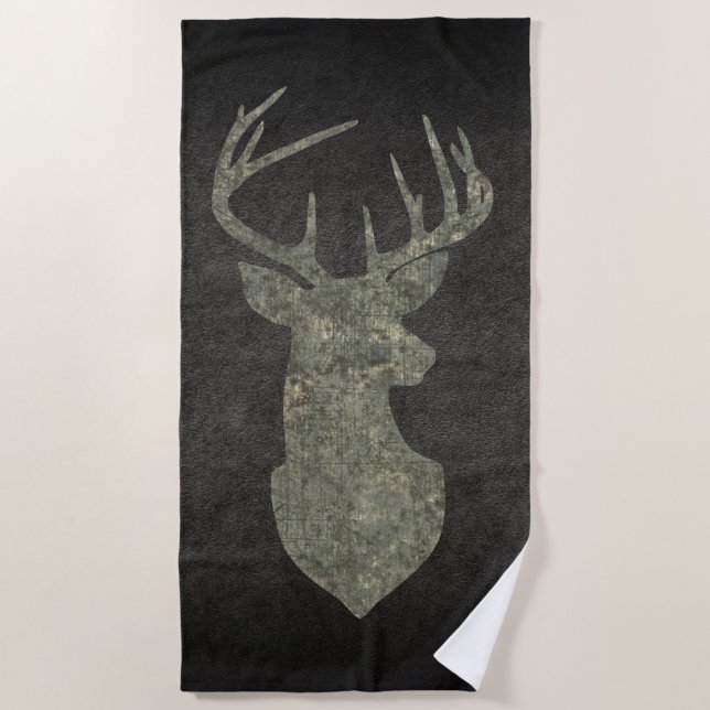 Regal Buck Trophy Deer Silhouette in Camouflage Beach Towel (Front)