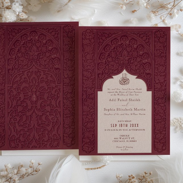 Regal Burgundy Lace Faire-part de mariage islamiqu (Créateur téléchargé)