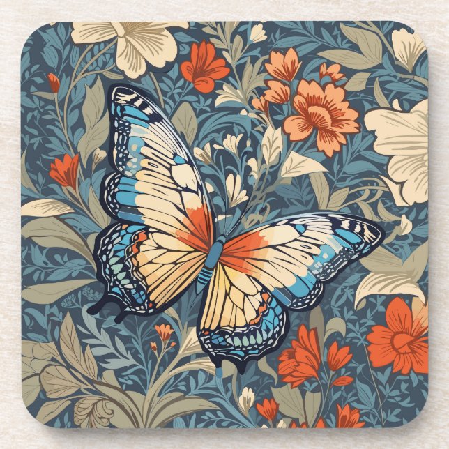 Regal Butterfly Amidst William Morris Floral Coaster (Front)