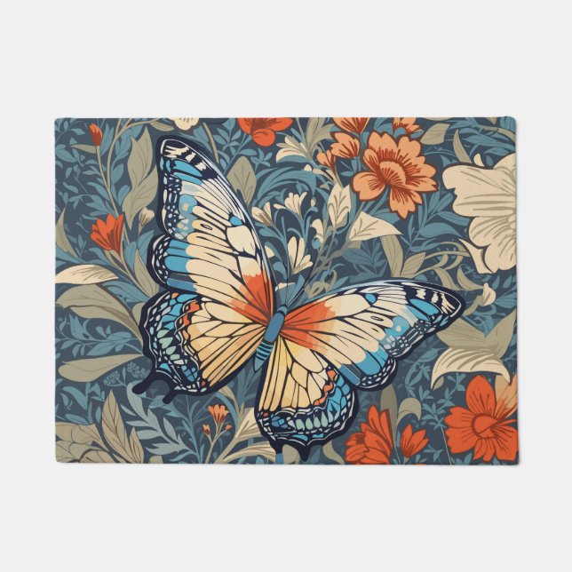 Regal Butterfly Amidst William Morris Floral Doormat (Front)