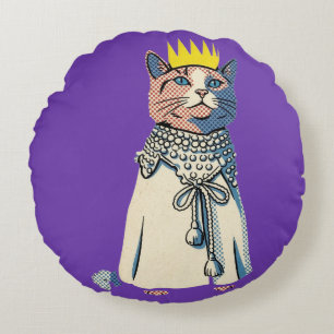 Regal Cat in Crown and Robe Vintage Pop Art Graphi Round Pillow