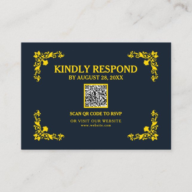Regal Contrast Midnight Blue & Gold QR RSVP Card (Front)