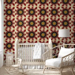 Regal Crimson Starburst: Golden Core Symmetric Des Wallpaper