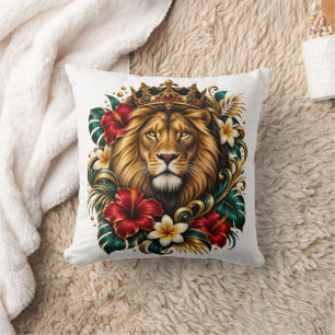 Regal Crowned Lion Tropical Floral Throw Pillow