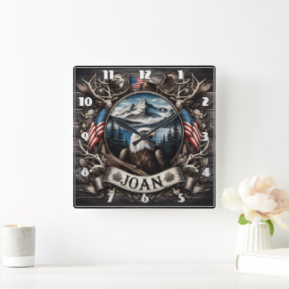 Regal Eagle With Mountains and Flags Square Wall Clock