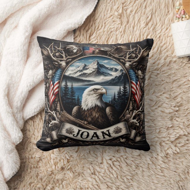 Regal Eagle With Mountains and Flags Throw Pillow (Blanket)
