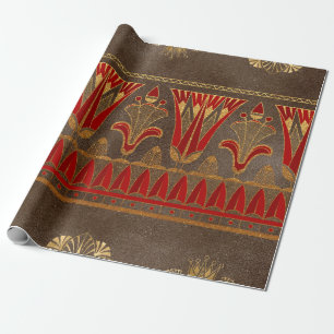 Regal Egyptian Floral and Geometric Gold-Red Motif Wrapping Paper