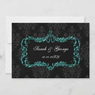 regal flourish black and aqua damask invites