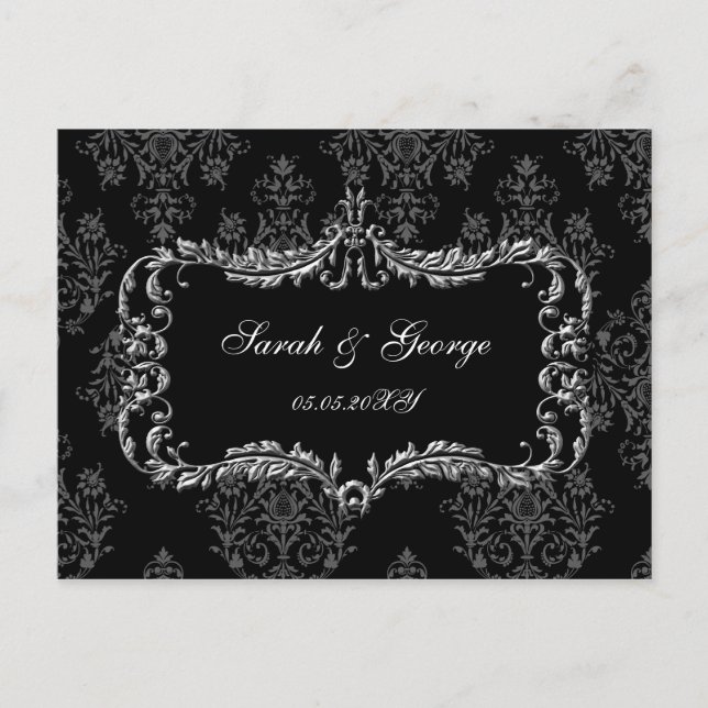 regal flourish black and grey damask rsvp invitation postcard (Front)
