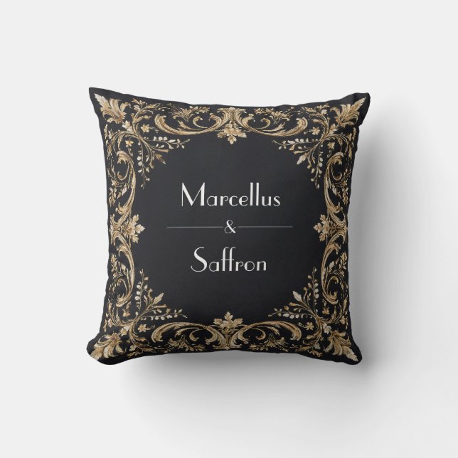 Regal Gold Baroque Scroll Black Luxury Wedding Throw Pillow (Front)