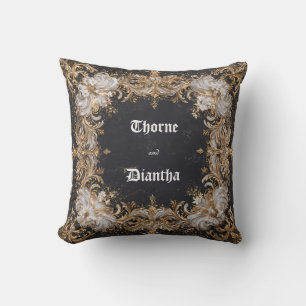 Regal Gold Baroque White Floral Black Marble Throw Pillow
