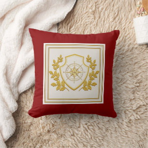 Regal Gold Compass Crest & Laurel on Crimson Red Throw Pillow