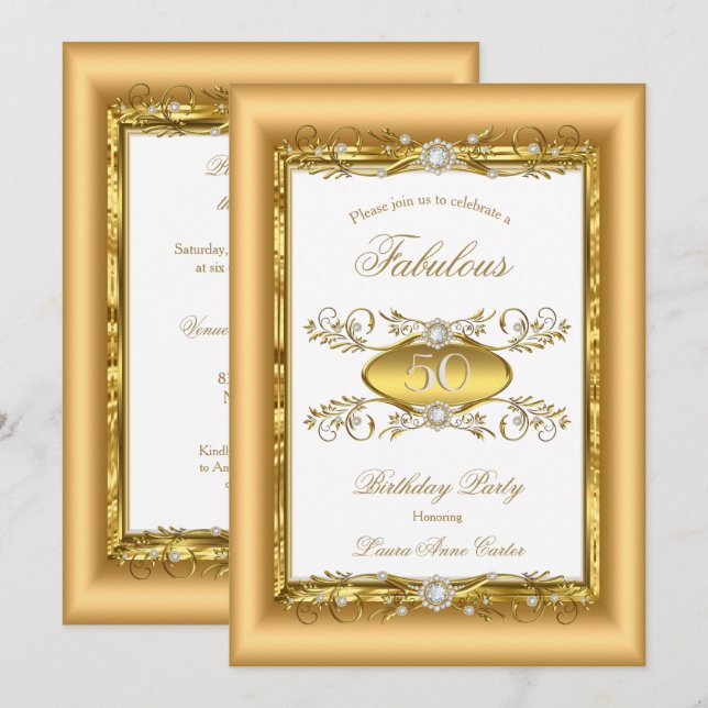 Regal Gold White Diamond Birthday Party Invitation (Front/Back)