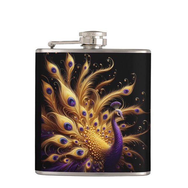 Regal Golden Peacock With Purple Plumage Hip Flask (Front)