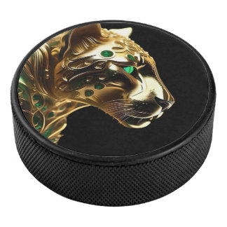 Regal Grace: The Gold Jaguar Adorned with Emeralds Hockey Puck