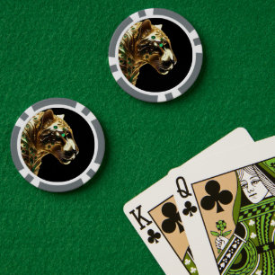Regal Grace: The Gold Jaguar Adorned with Emeralds Poker Chips