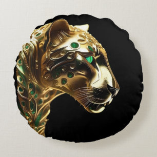 Regal Grace: The Gold Jaguar Adorned with Emeralds Round Pillow
