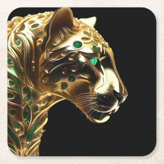 Regal Grace: The Gold Jaguar Adorned with Emeralds Square Paper Coaster