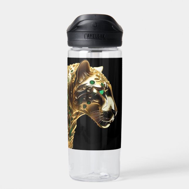 Regal Grace: The Gold Jaguar Adorned with Emeralds Water Bottle (Back)