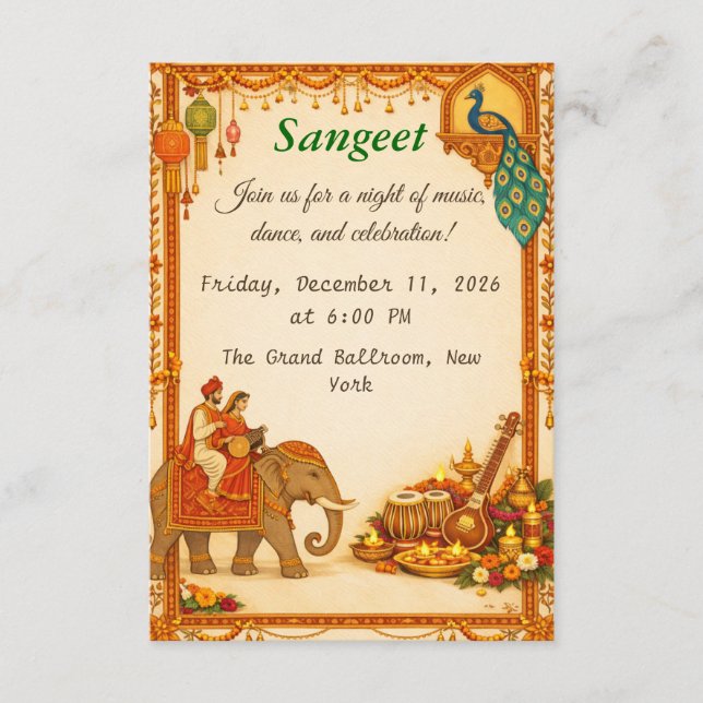 Regal Indian Wedding Sangeet Details Card (Front)
