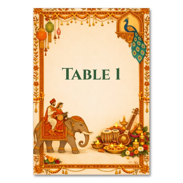 Regal Indian Wedding Table Number Card | Gold  (Front)