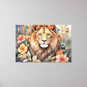 Regal Lion Amidst Blooms Exotic Wildlife  Canvas Print