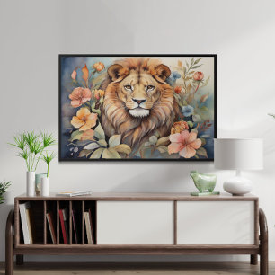 Regal Lion Amidst Blooms Exotic Wildlife Poster